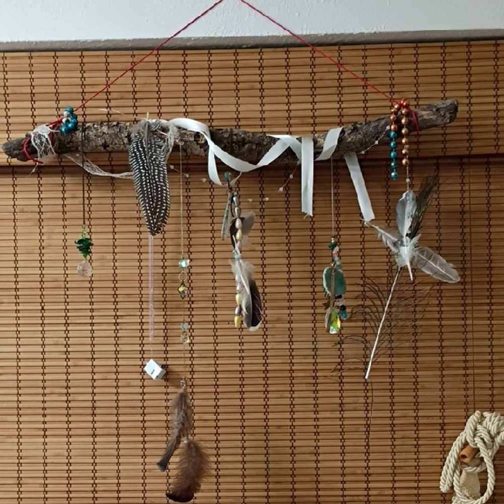 Handmade Feather Driftwood Wall Hanging with Beads